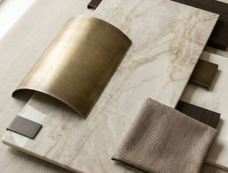 Material samples of stone and wood finishes